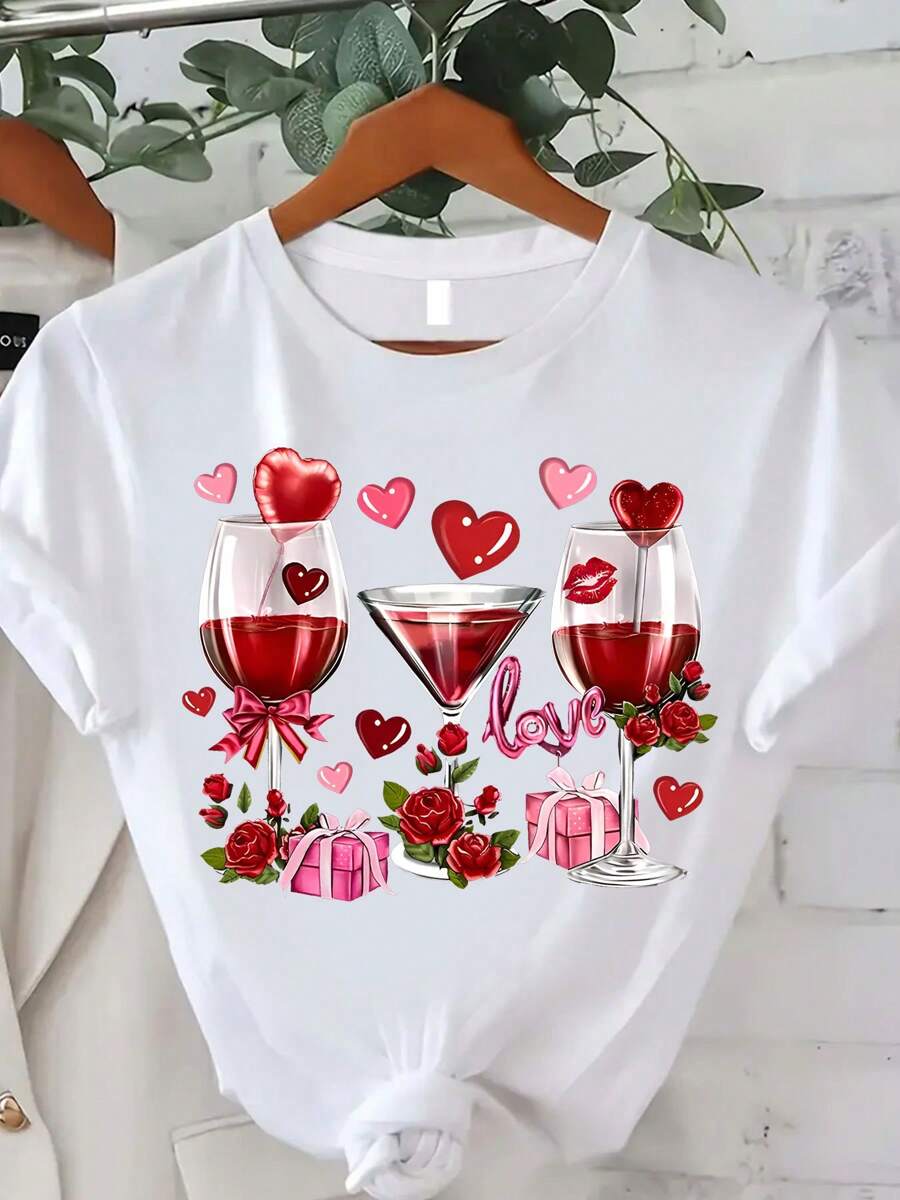 Women's Wine Glass Print T-Shirt, Summer Women's Fashion, Casual, Comfortable, Soft, Daily Outdoor Sports, Fitness, Breathable Round Neck Short Sleeve T-Shirt