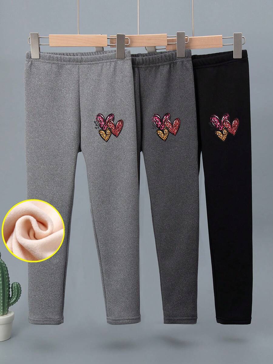 3pcs Warm Thermal Lined Leggings For Young Girls, Leopard & Love Print