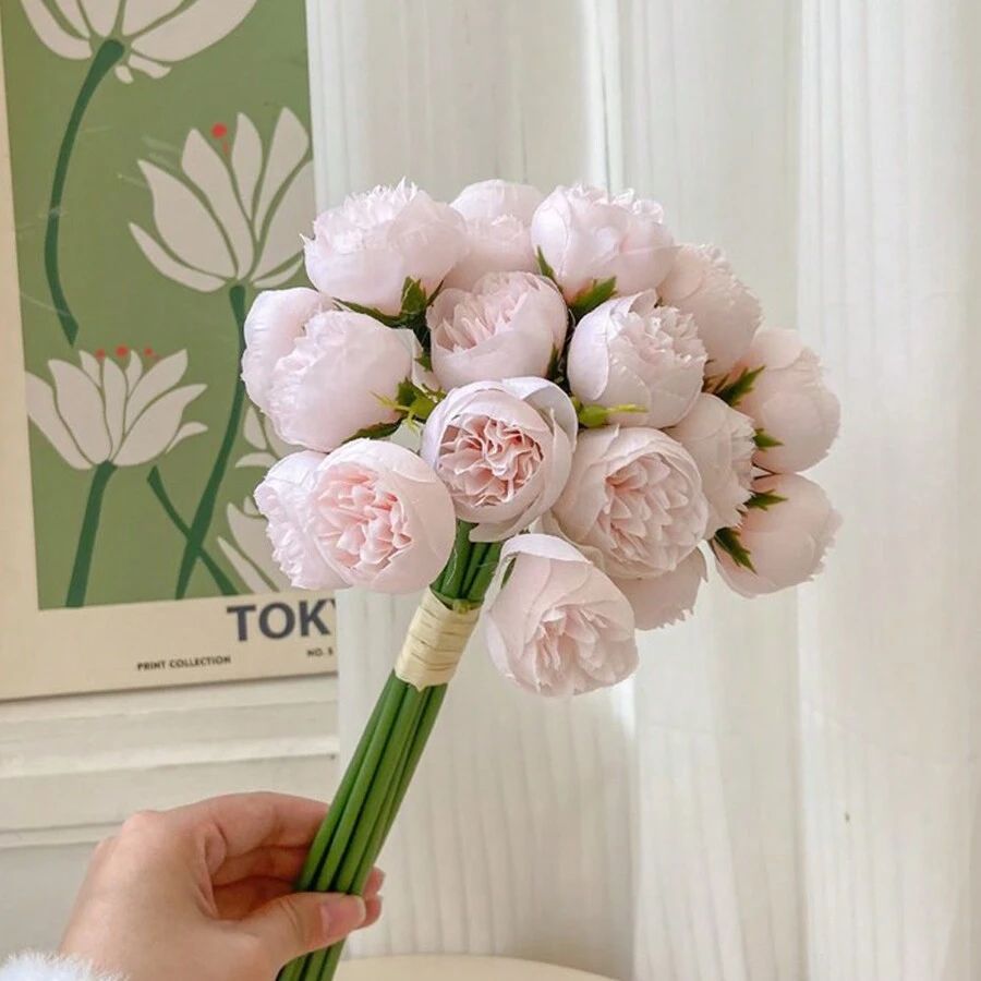 Set de 9 piezas de ramos de peonía artificial, ramo de 27 cabezas de flores artificiales, adecuado para bodas, fiestas, decoración del hogar, fiestas de vacaciones, ramo de rosas artificiales para el Día de los Enamorados - Flores de peonía y camelia artificiales de plástico para decoración del hogar, sala de estar, boda, fiesta, Día del Padre, Día de la Madre, graduación, centros de mesa, accesorios de fotografía y arreglos florales de novia para bodas