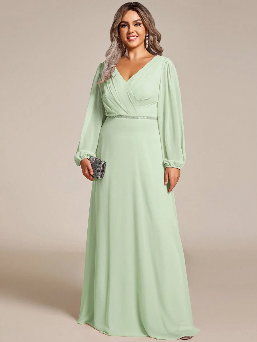EVER-PRETTY Plus Elegant Chiffon Long Sleeve V Neck Rhinestone Decor Dresses For Bridesmaid Evening Dresses