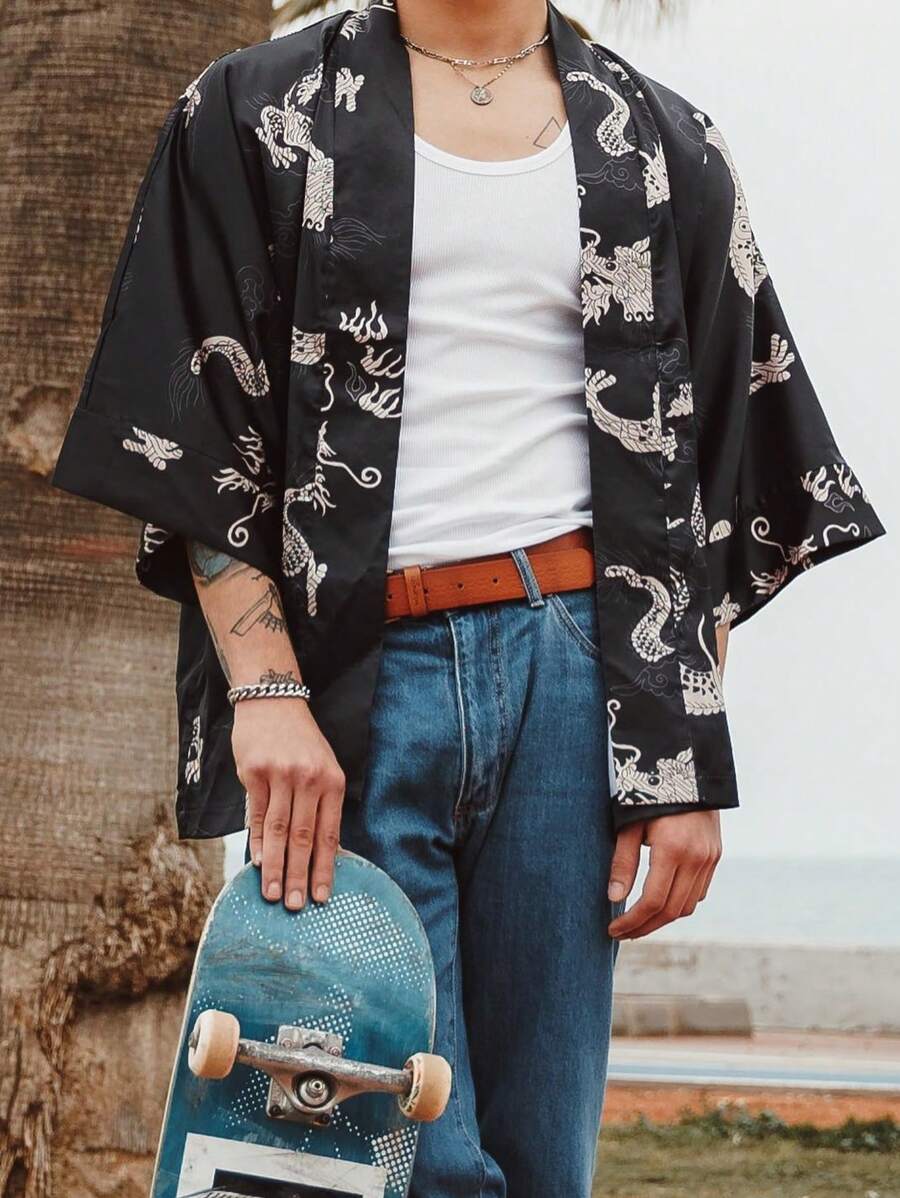 Men Street Fashion Japanese Style Feather Print Kimono , 3/4 Sleeve Unisex Couple Loose Fit Thin Casual Shirt Jacket, Summer