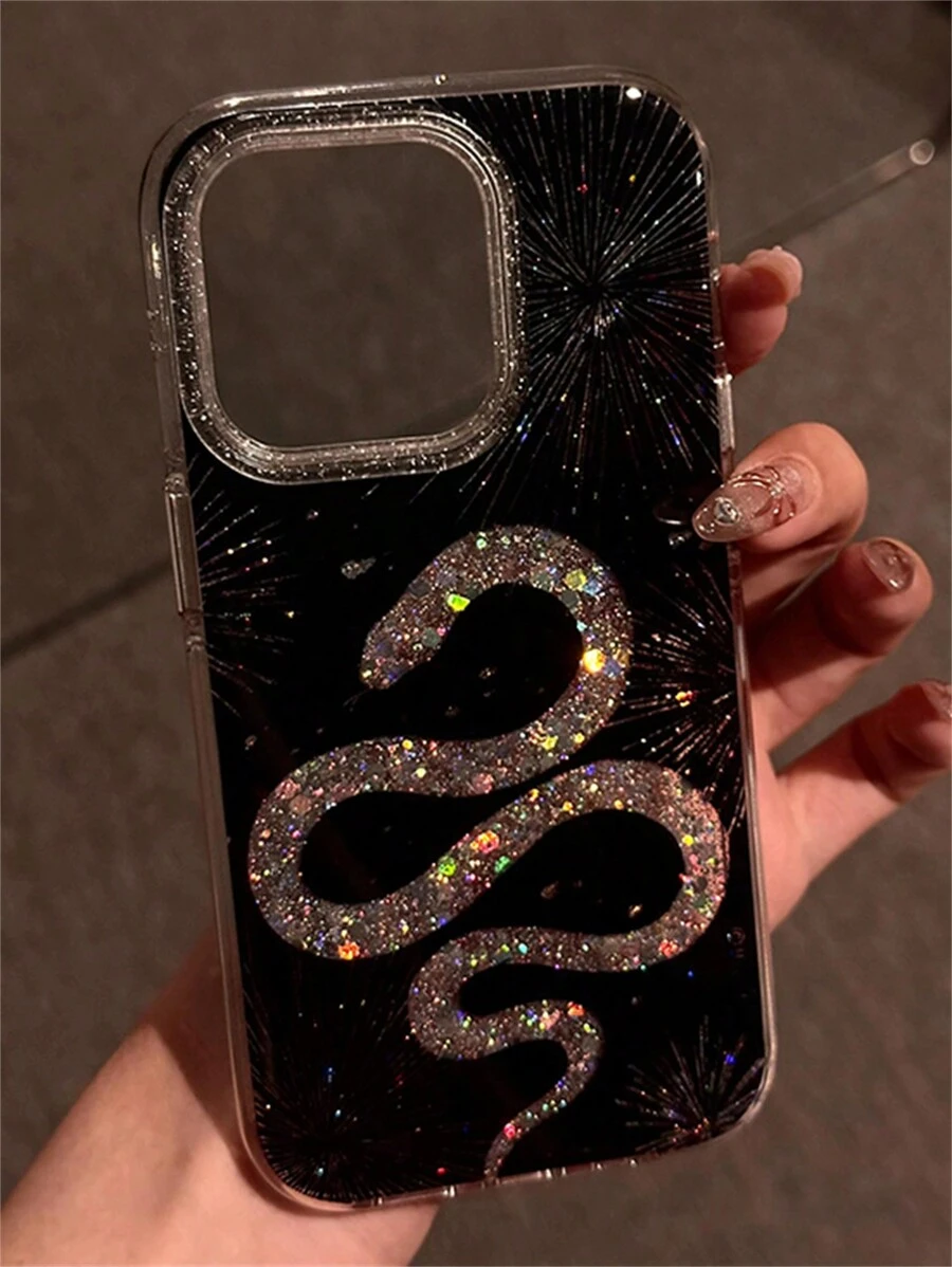 Luxury Glitter Snake Black Phone Case Compatible With Iphone 16 15 14 13 Pro Max Stylish Shockproof Back Cover