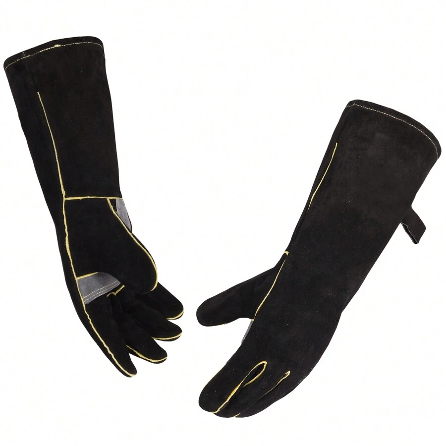 1 Pair Black Extreme Heat & Fire Resistant Gloves Leather With Stitching,Mitts Perfect For Fireplace, Stove, Oven, Grill, Welding, BBQ, Mig, Pot Holder, Animal Handling