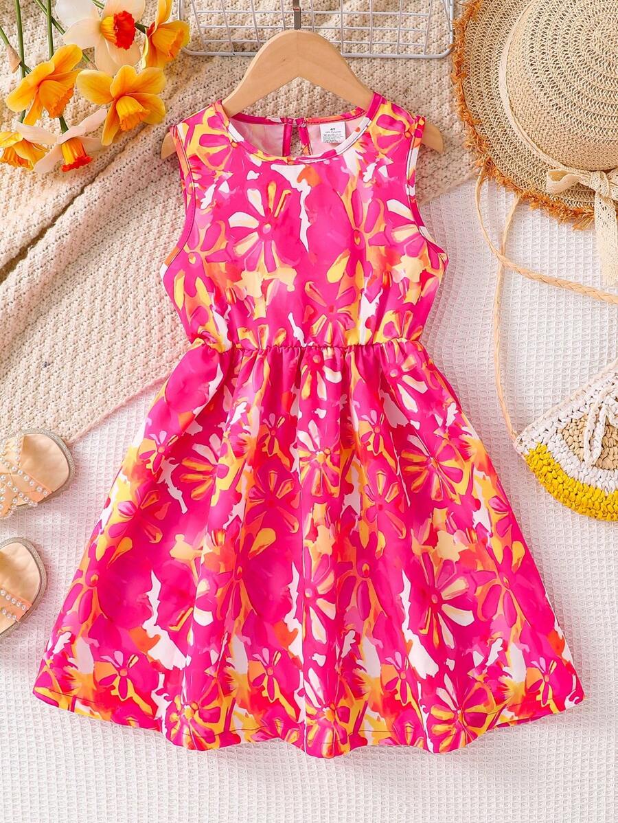 Young Girl Summer Fashion Elegant Ditsy Floral Spaghetti Strap Tie Waist Dress, Full Print Sleeveless Summer Dress, Comfortable Soft Casual Dresses, Children Party Outdoor Spring Casual Wear
