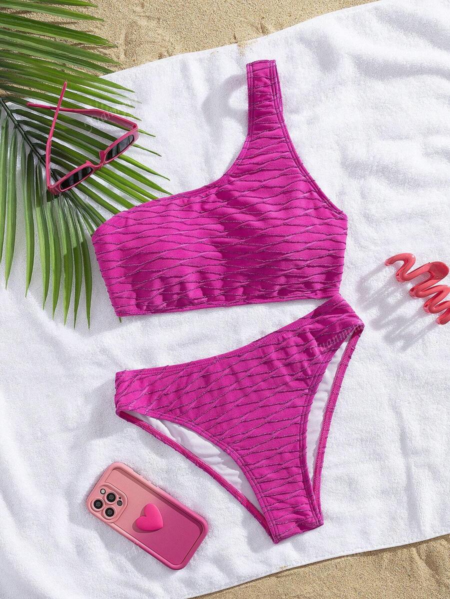 Conjunto de bikini de tela especial colorida con cuello asimétrico, ropa de baño para vacaciones de primavera, para el verano