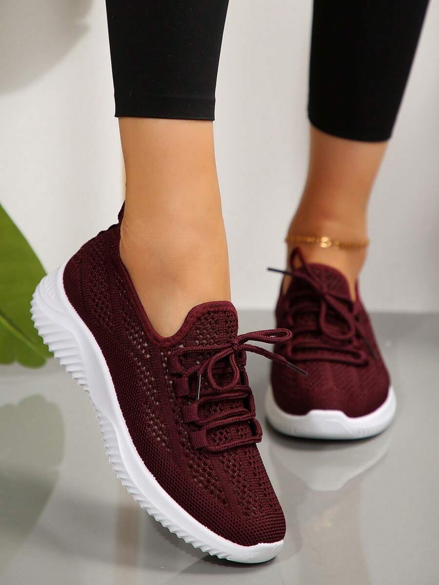 1 Paar Damen Sport Stil runde Zehenpartie gestrickte Freizeitschuhe, atmungsaktiv Niedrig-Top, flacher Absatz, bequem & leicht, Große Größen
