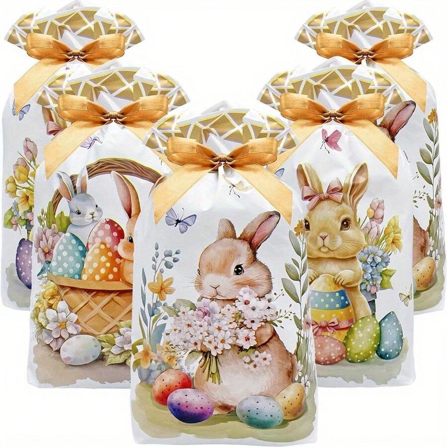 10PCS Easter Drawstring Candy Bag Easter Treats Bags 6''X9'' Plastic Easter Gift Bags For Classroom Party Favor Goodie Bags