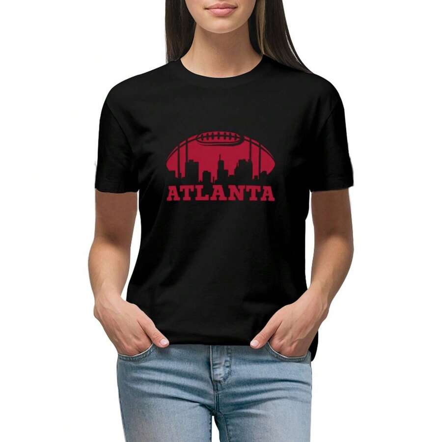 Women Arched Cincinnati Football City SkylineAtlanta Football Skyline Print Shirts Unisex Crewneck Short-Sleeve Shirt