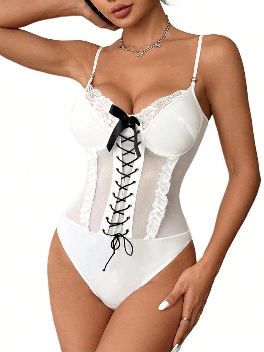 Women's Y2K Lace Trim Sheer Mesh Cute Bow Sexy V-Neck Lace Up Spaghetti Strap Bodysuit Sleeveless Going Out Cami Tops