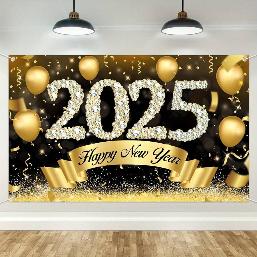 Happy New Year 2025 Banner, Party Background, 3D Sparkling Golden Balloons, Festive Wall Decoration On New Year's Eve, Multifunctional For Home, Kitchen, Entrance, Room Decoration, No Need For Power Supply