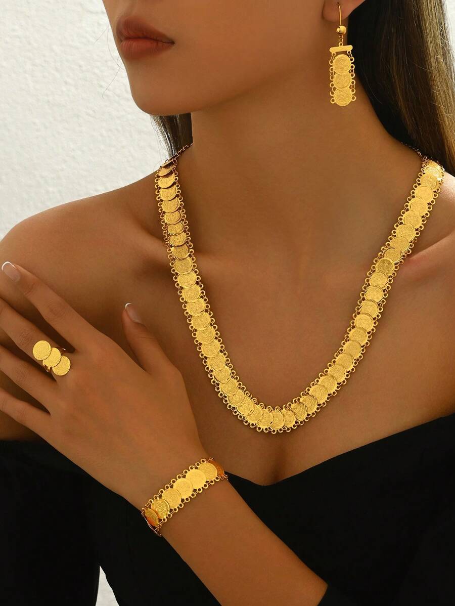 18 Karat vergoldetes Set aus 5 Stück modischem, vielseitigem Halskette, Ohrringen, Armband, Ring und langem Münzenschmuck für Frauen