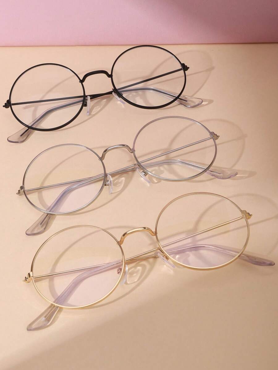 1 pieza/3 piezas Marcos de gafas de mujer con círculo metálico, lindo pompón y transparente, para decoración interior/exterior y sesión de fotos