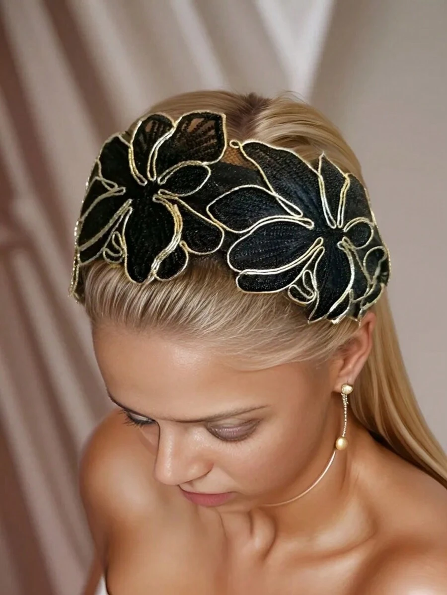 1 Stück klassisches Netzspitzen Breitkremphut, mit besticktem Retromuster als dekorativer Kopfschmuck, geeignet für Frauen und den täglichen Gebrauch, Haarband, Haarreifen, Schwarz