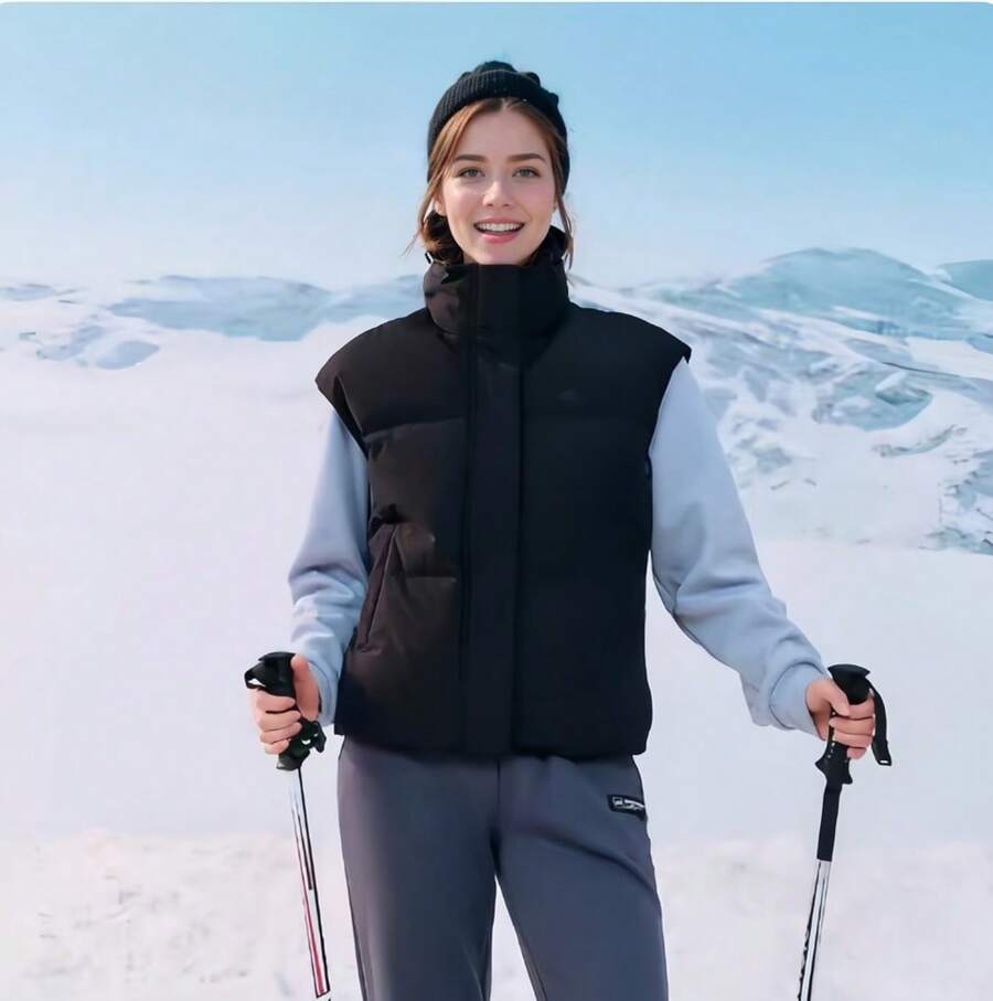 Skechers Down & Feathers Vest, Lightweight & Warm, Water-Resistant, Stand Collar, Sports Woven Padded Gilet Jacket