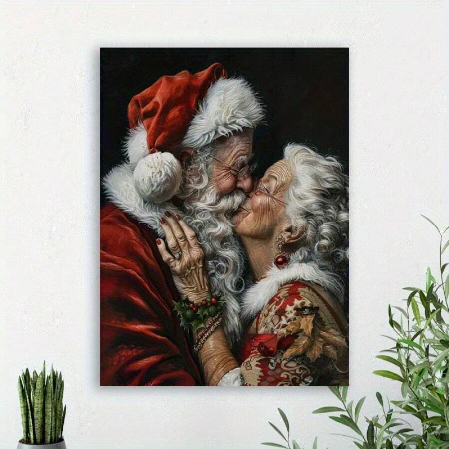 1 Pc Wooden Framed Santa Claus Kiss Canvas Painting(1)Thickness 2.25cm/0.9inch, High Quality Wall Art Prints Poster, Direct Hanging Wall Picture, Decor For Home Gifts, Gift, Living Room, Bathroom, Bedroom, Kitchen
