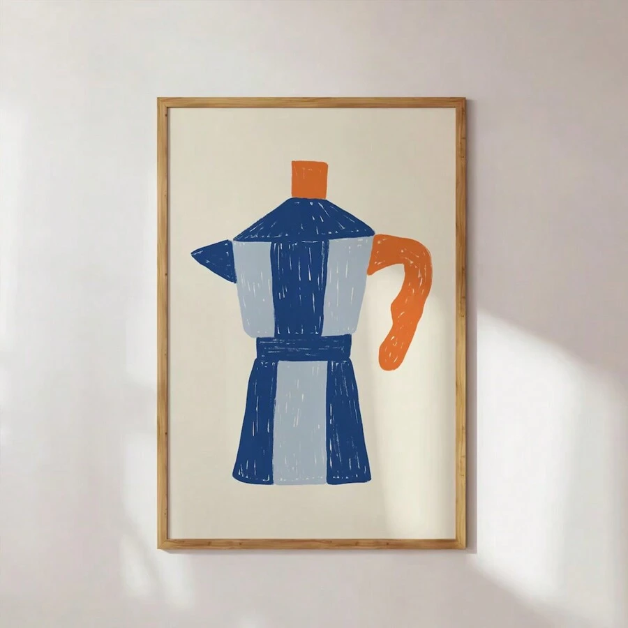 1 szt. Ręcznie rysowany wydruk artystyczny Moka Pot, radosne dekoracje ścienne ekspresu do kawy, dekoracja ścienna miłośnika kawy, nowoczesny niebieski wystrój kuchni, plakat miłośnika espresso, bez ramki
