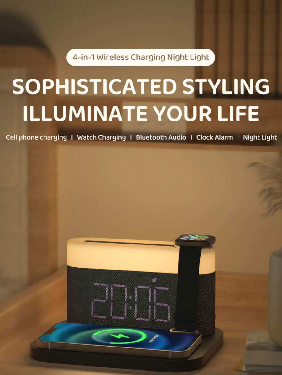Cargador inalámbrico 4 en 1 nuevo, carga múltiple para teléfono móvil y reloj, con función de reloj despertador y luz nocturna