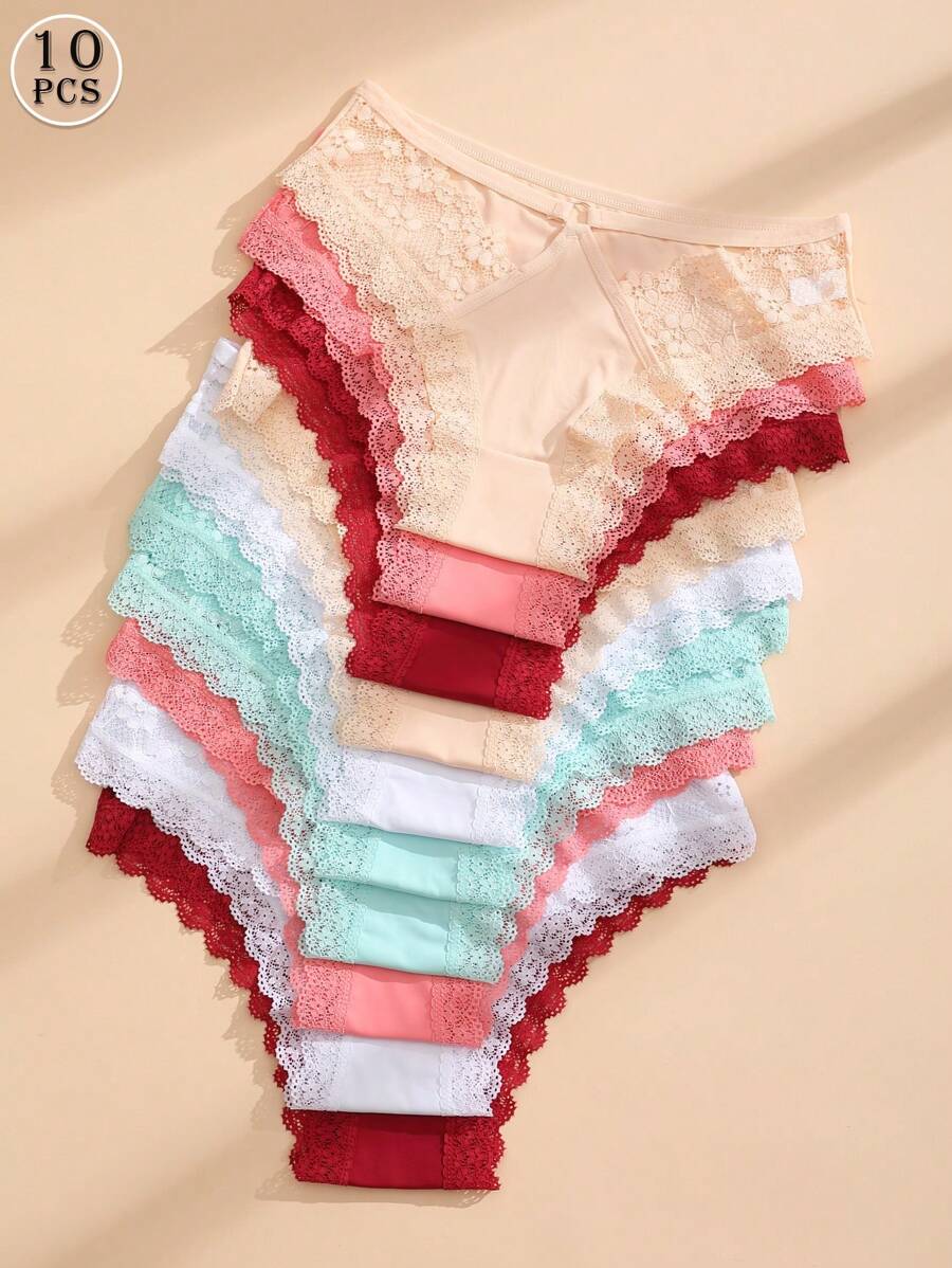10 piezas de bragas de bikini de encaje sexy para mujer, de cintura baja, caladas, de seda de hielo, sin costuras, cómodas y transpirables, ropa interior