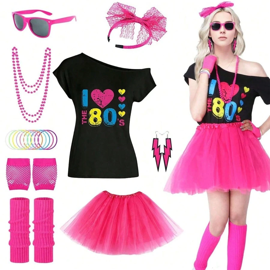 Rosa Vermelho 21 peças Fantasia dos Anos 80 para Mulheres, Conjunto de Acessórios de Fantasia dos Anos 80, Camiseta com Estampa de Lábios, Saia Tutu Adulta, Tiara de Renda, Ideal para Qualquer Época do Ano, Dia dos Namorados, Baile de Formatura, Halloween