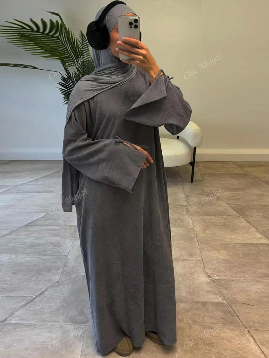 One Piece Autumn Winter Women Corduroy Closed Abaya Bowknot Sleeve Causal Long Dress With Pockets Moroccan Arab Robes, Modest