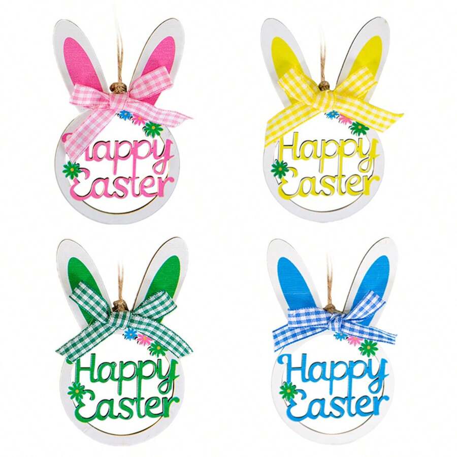 4pcs Wooden Painted Easter Eggs Decorations, Party Crafts DIY Hanging Ornaments