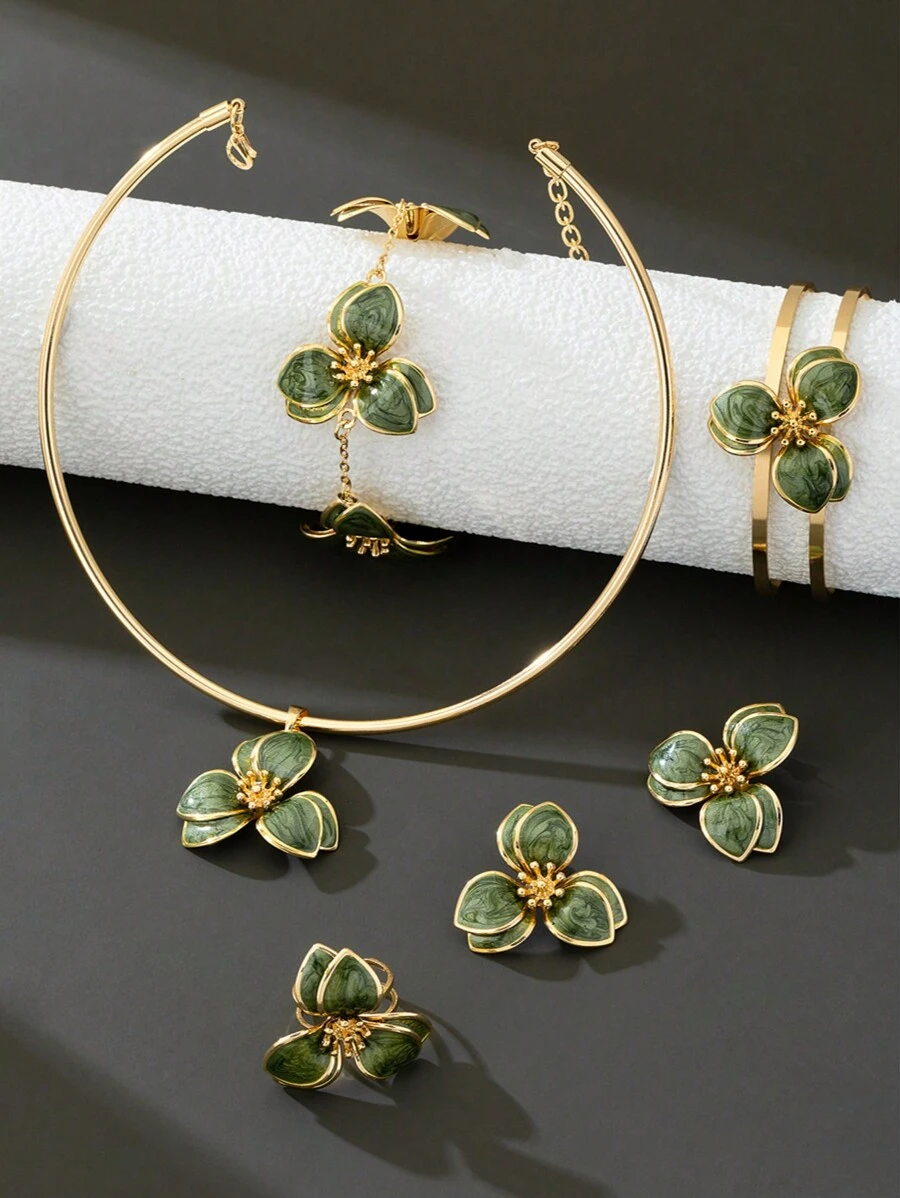 1 pièce Collier pendentif fleur dégradé de vert style vacances, 1 paire de boucles d'oreilles, 1 bague, 1 bracelet, 1 jonc - Ensemble de bijoux verts pour femmes Valentin, Maman, Mère, Fête des Mères, Cadeau