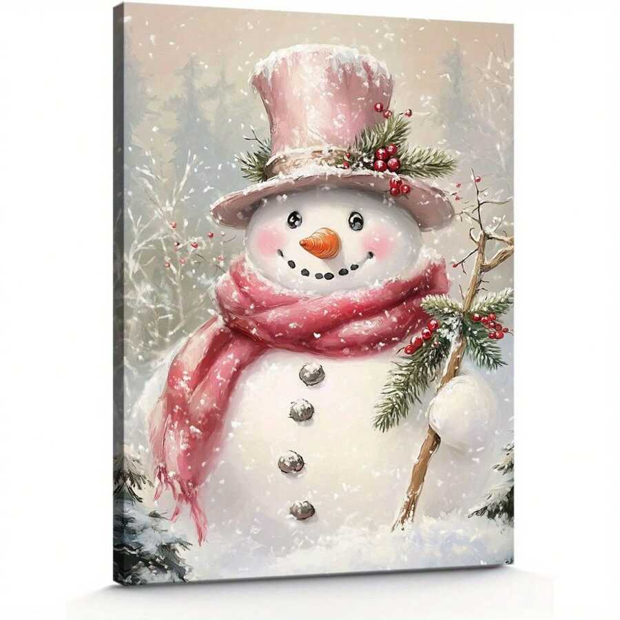 1 Pc Snowman Wooden Framed Canvas Painting Thickness 2.25cm/0.9inch High Quality Wall Art Prints Poster Direct Hanging Wall Picture Decor For Home Gifts, Gift,Living Room, Bathroom, Bedroom, Kitchen