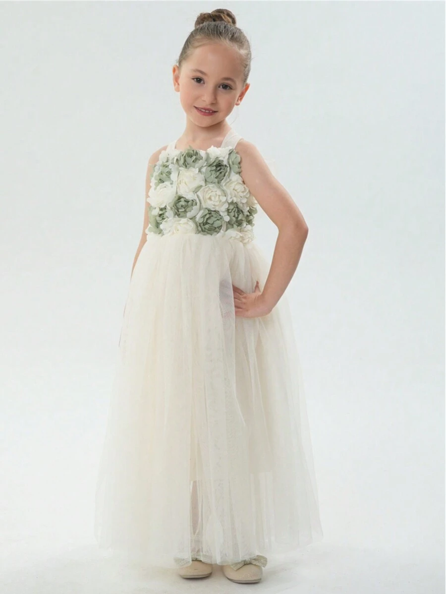 Young Girl 3D Flower Bow Knot Tiered Tulle Maxi Flower Girl Dress
