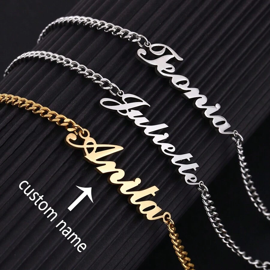 1pc Gold Silver Personalized Name Bracelet Stainless Steel Handmade NK Chain Bracelet Silver Chain Carved Name Logo Bracelet Men's And Women's Jewelry Classic Hip Hop Accessories Birthday Gift Gift Box Thanksgiving Christmas Halloween Carnival (English Only)