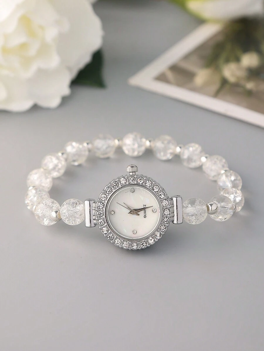 Relógio Feminino da Moda de Estilo Novo 2025, Mostrador Redondo Fofo com Cristal, Pérola e Detalhes em Pedras Preciosas, Pulseira Metálica, Movimento de Quartzo