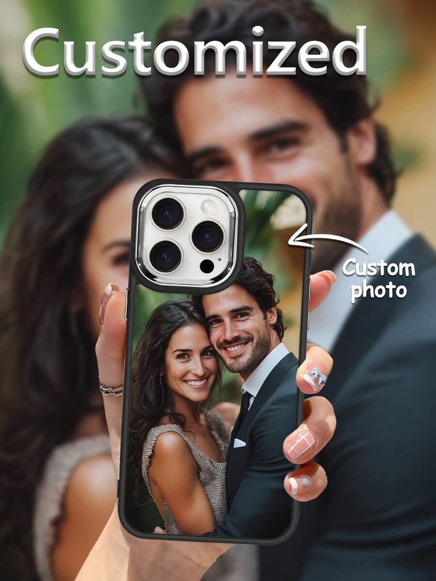 1pc Customizable Personalized Black Shockproof Electroplated Lens Frame Phone Case Compatible With IPhone 16/16Pro/16ProMax And Other Models, Suitable For Couples, Family, Kids, Pets, Friends