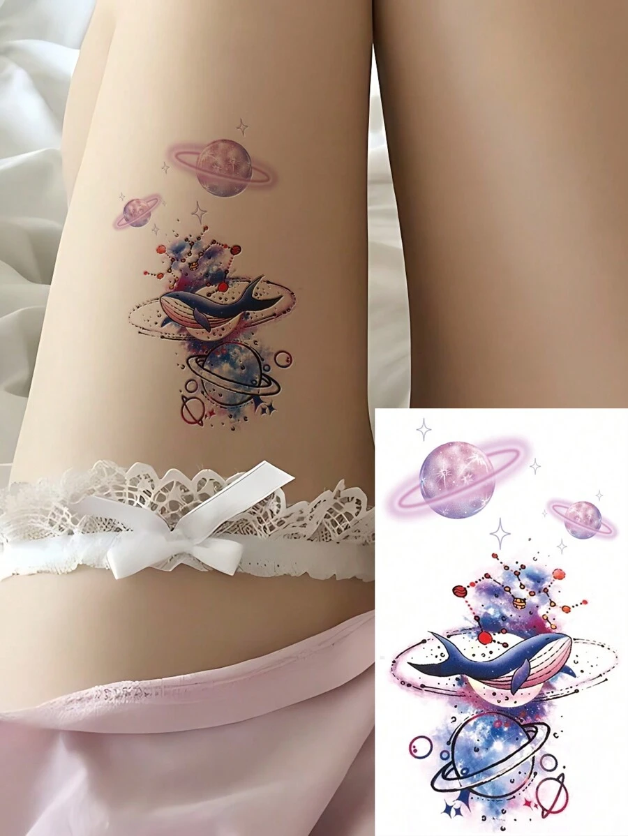 1 Sheets Small Size Body Art Temporary Tattoo Stickers For Women And Men, Romantic Colorful Pink Planet Whale Pattern, Waterproof Fake Tattoo, Lasts 2-5 Days, Covering Scars, Can Be Used On Arms Wrist Shoulders Legs Waist Neck Hand Chest Thighs Finger