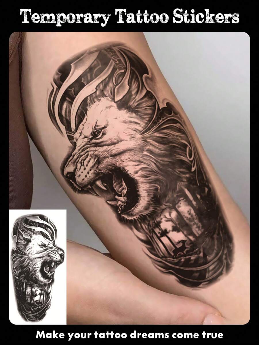 1 Sheets Big Size Body Art Temporary Tattoo Stickers For Men, Black Realistic Lion Forest Animal Pattern, Waterproof Fake Tattoo, Lasts 2-5 Days, Covering Scars,Can Be Used On Arms Wrist Shoulders Legs Waist Neck Hand Chest Thighs Fingers