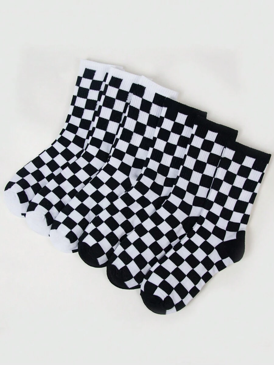 2/4/5/6 Pairs Of Women's Black & White Checkerboard Patterned Crew Socks, Personalized Casual Socks, Versatile For All Season, Suitable For Outdoor, Party, Gift, Y2k, Goth, School, Soft, Breathable