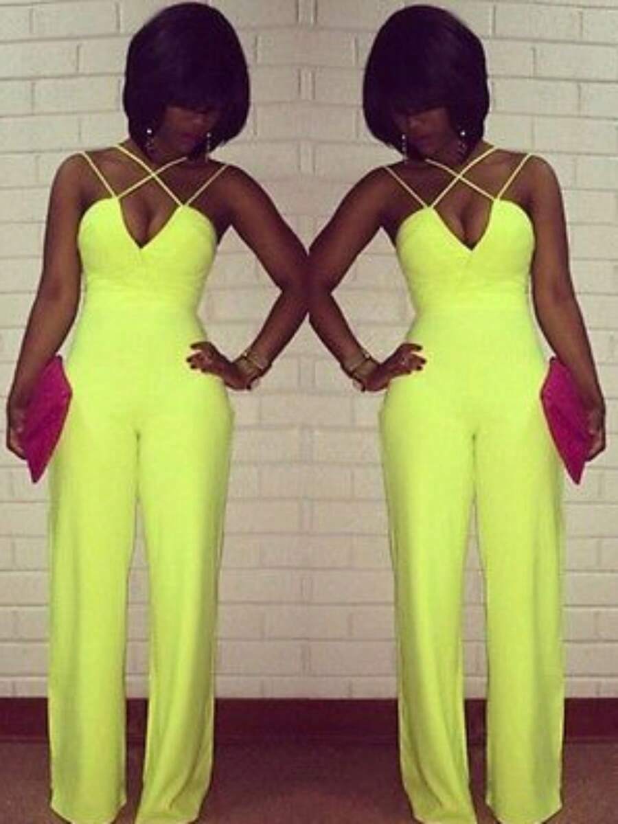 Women Summer Jumpsuit, Sling Solid Color Deep V-Neck Outfit, Slim Top Wide Leg Pants One-Piece Wild Fashion Clothes