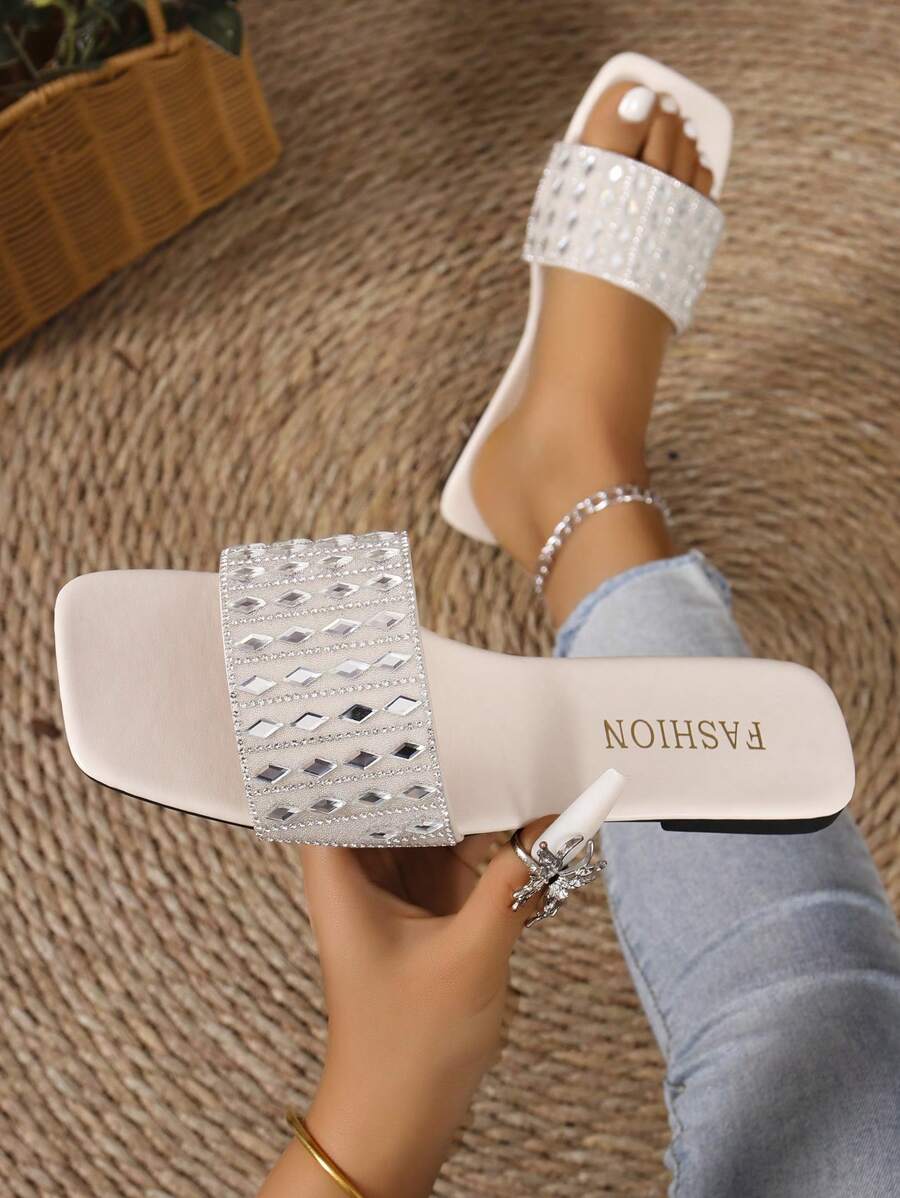 Women's Plus Size Flat Sandals, Vacation Style Casual Versatile Rhinestone Decorated Slippers, Summer