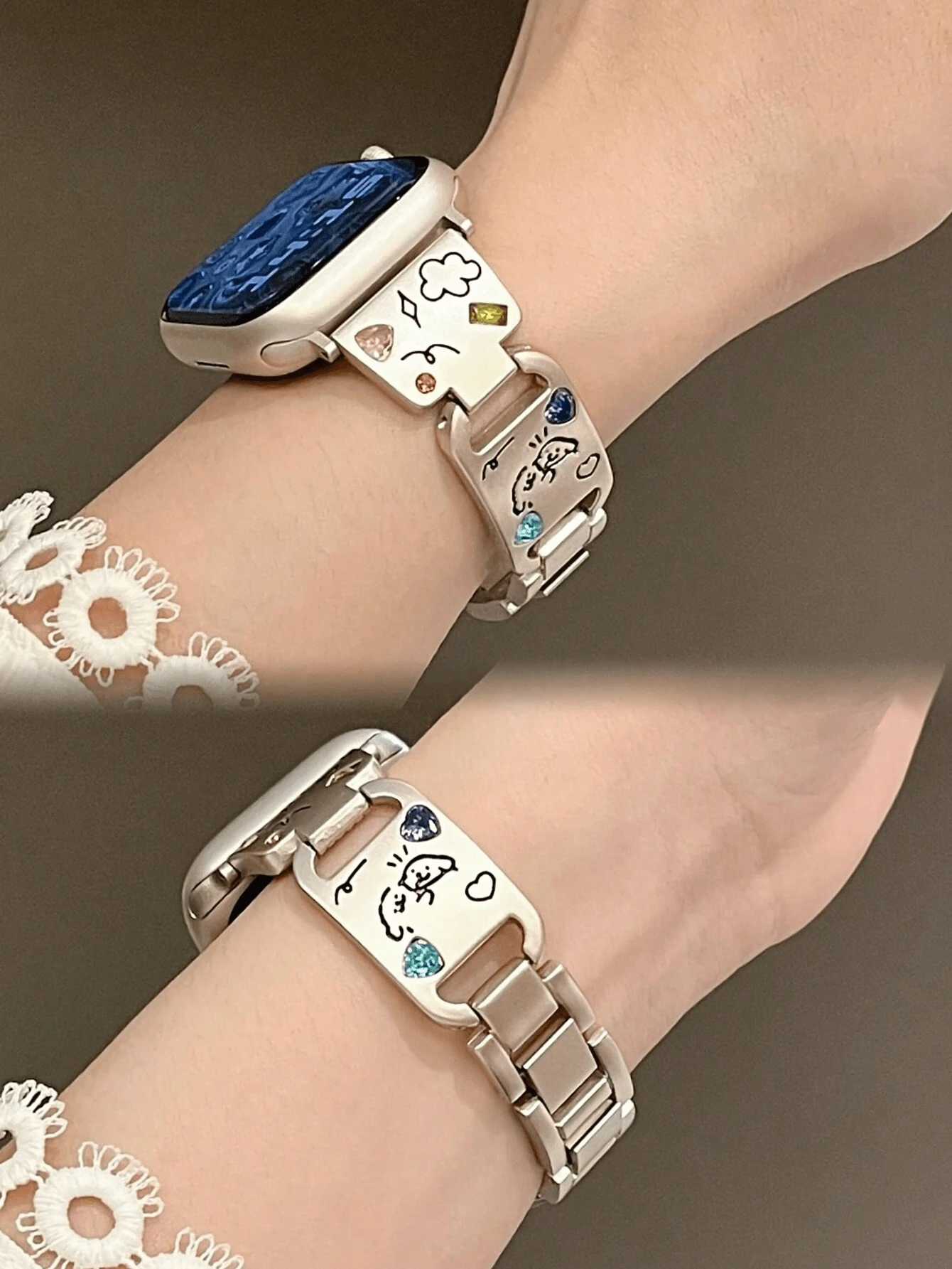 Nuovo cinturino per orologio in metallo con motivo a cucciolo compatibile con Apple Watch da 38mm/40mm/41mm/42mm/44mm/45mm/46mm/49mm, compatibile con le serie Apple Watch Ultra/SE/10/9/8/7/6/5/4/3/2/1