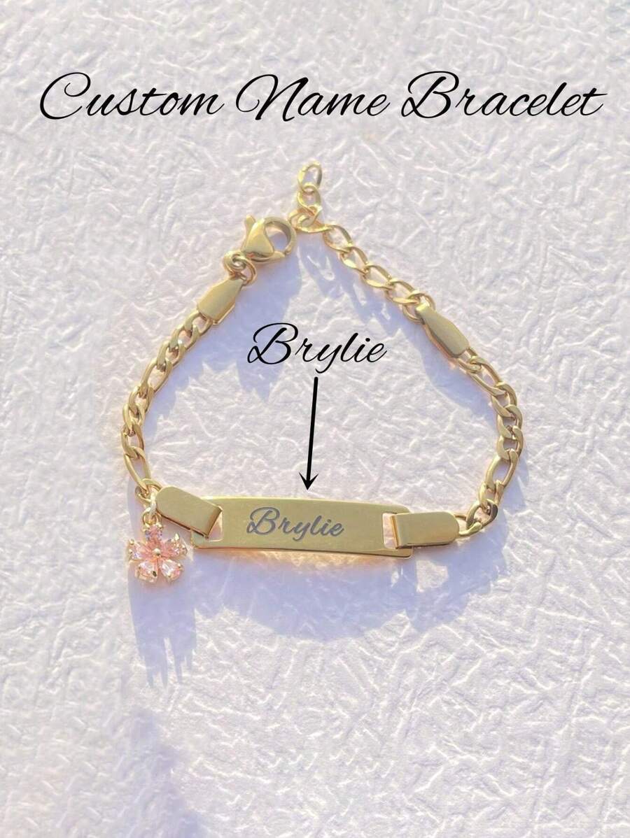 1PC Customized Stainless Steel Name Lovely Pink Cubic Zirconia Flower Personalized Bracelet For Kids And Girl, Birthday Gift Sunflowers Gold Stylish, Fall Fashion Ornamental, Engraved Exquisite, Stylish, Baby Fashion, Tidy, Colorful, Modern, Cute Kawaii Adorable Custom, Unique Treasurefinds, Baby Gifts, Cutebaby, Toddler Fashion Ideal Gifts For Him Family, Friends, Daughter, Son, Her For Children's Day,Multi-Functional,Ornamental,Letter,Stylish,Modern,Colorful,Cute,Adorable,Casual,Custom,Personalised,Unique,Customized,Ideal Gifts For Him,Ideal Gifts For Her