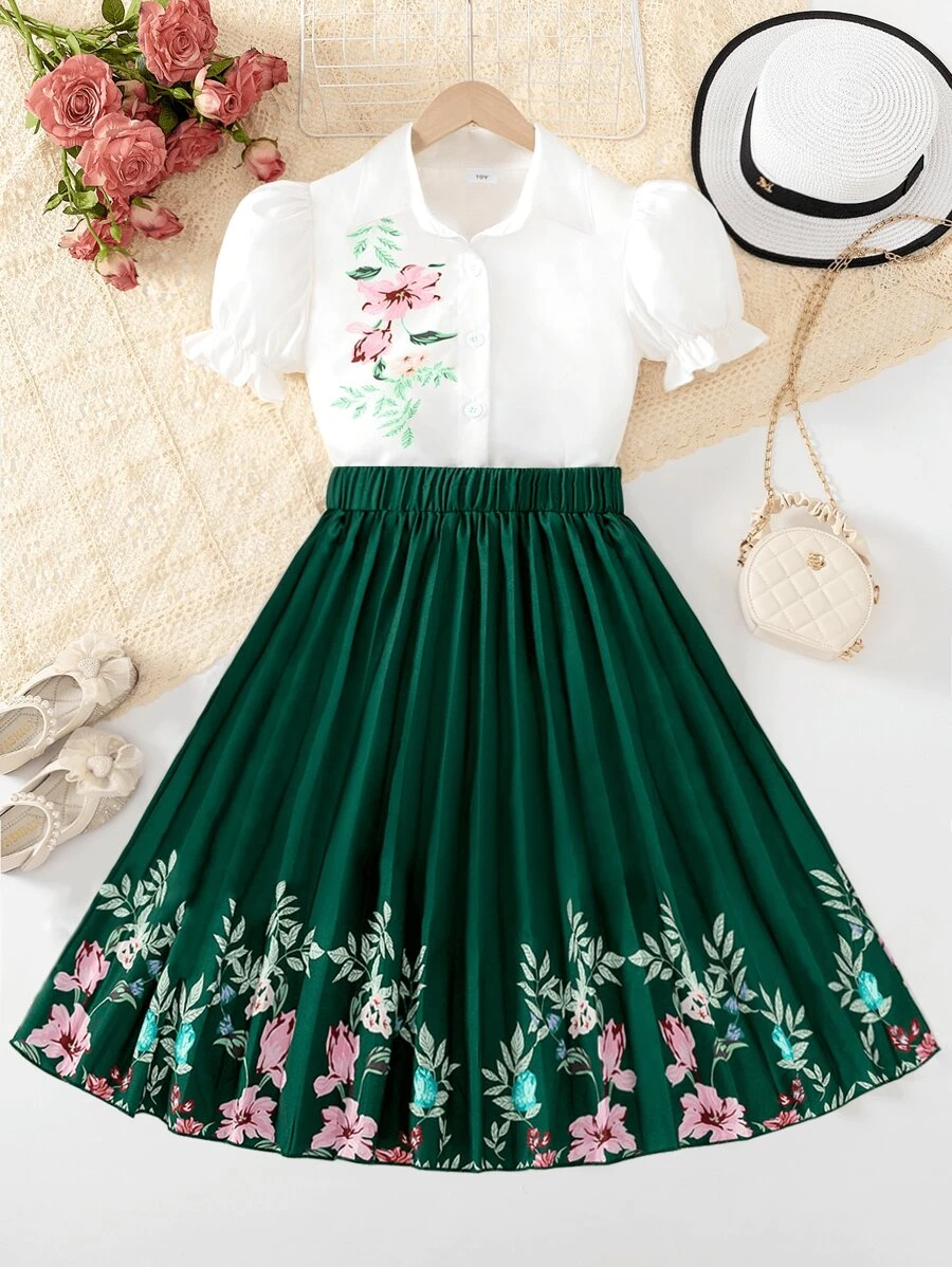 2 pièces/Set Blouse blanche à manches bouffantes avec imprimé floral et jupe plissée à volant avec imprimé floral vert pour préadolescentes. Ensemble confortable pour le printemps/été