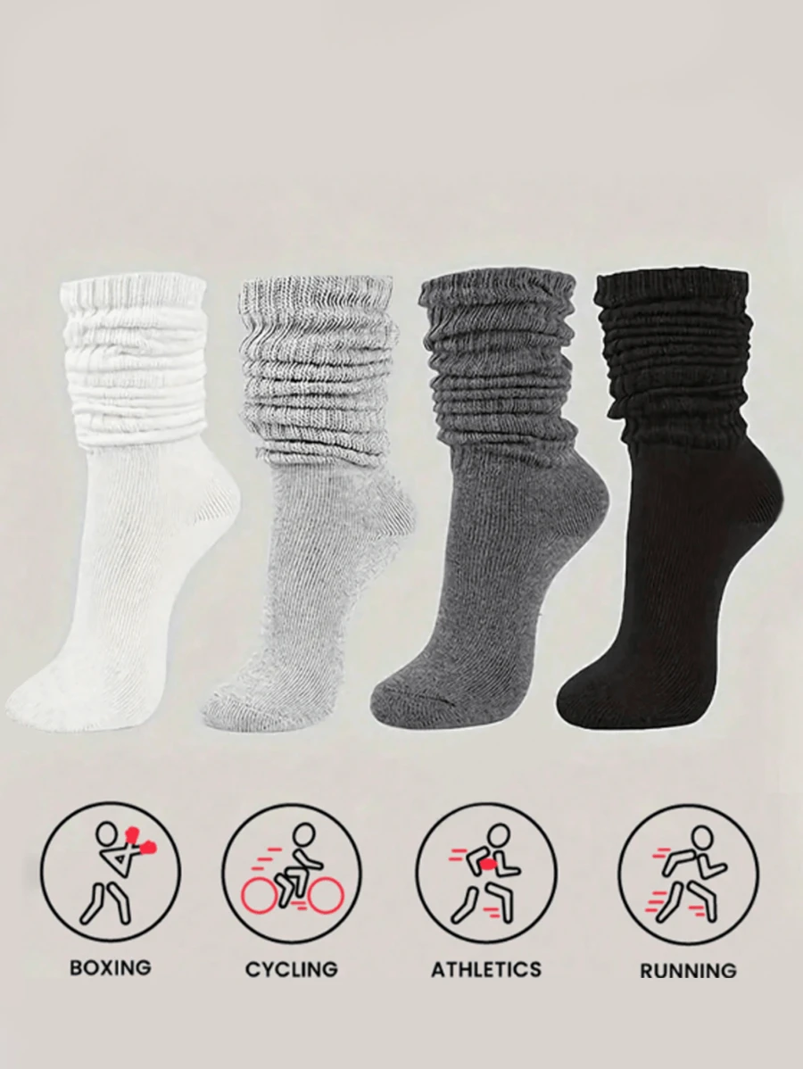 4 Pairs Solid Slouch Socks, Thick Simple & Warm Calf Socks For Fall & Winter, Women's Stockings & Hosiery