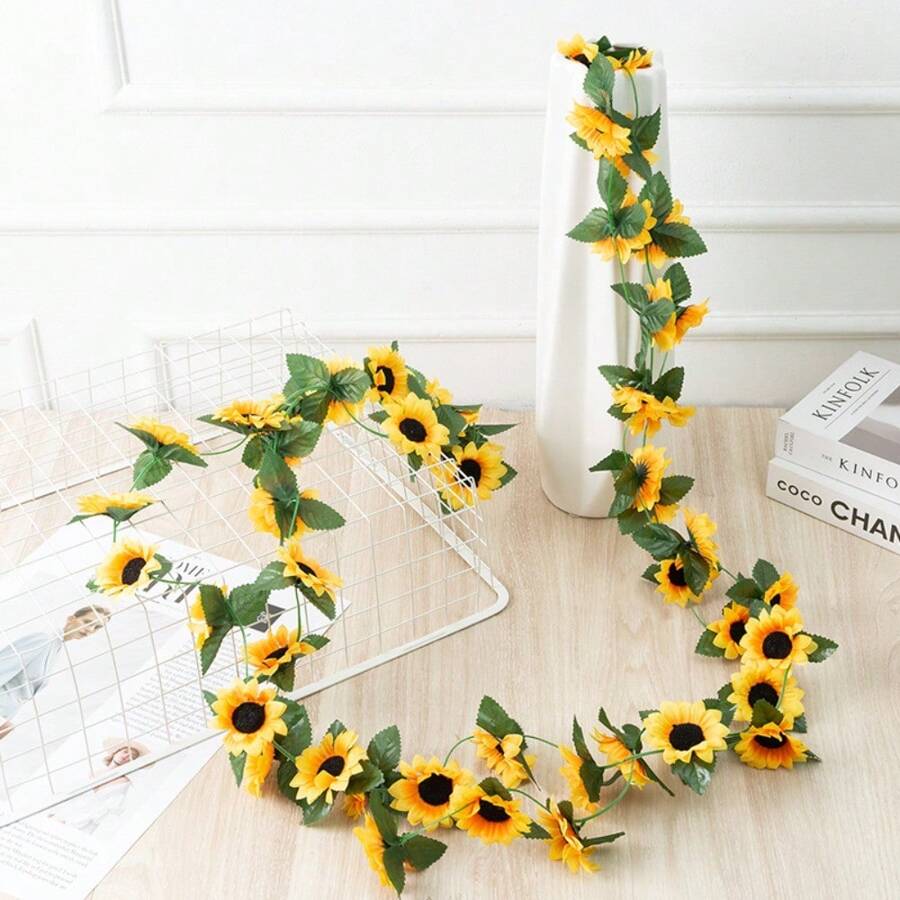 1 pièce Guirlande de fleurs artificielles de tournesol jaune, plante grimpante décorative florale pour arche de mariage en soie