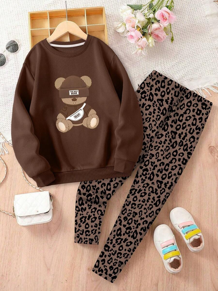 Tween Girls Cute Bear & Letter Graphic Print Comfy Loose Sweatshirt And Leopard Print Soft Pants 2pcs/Set