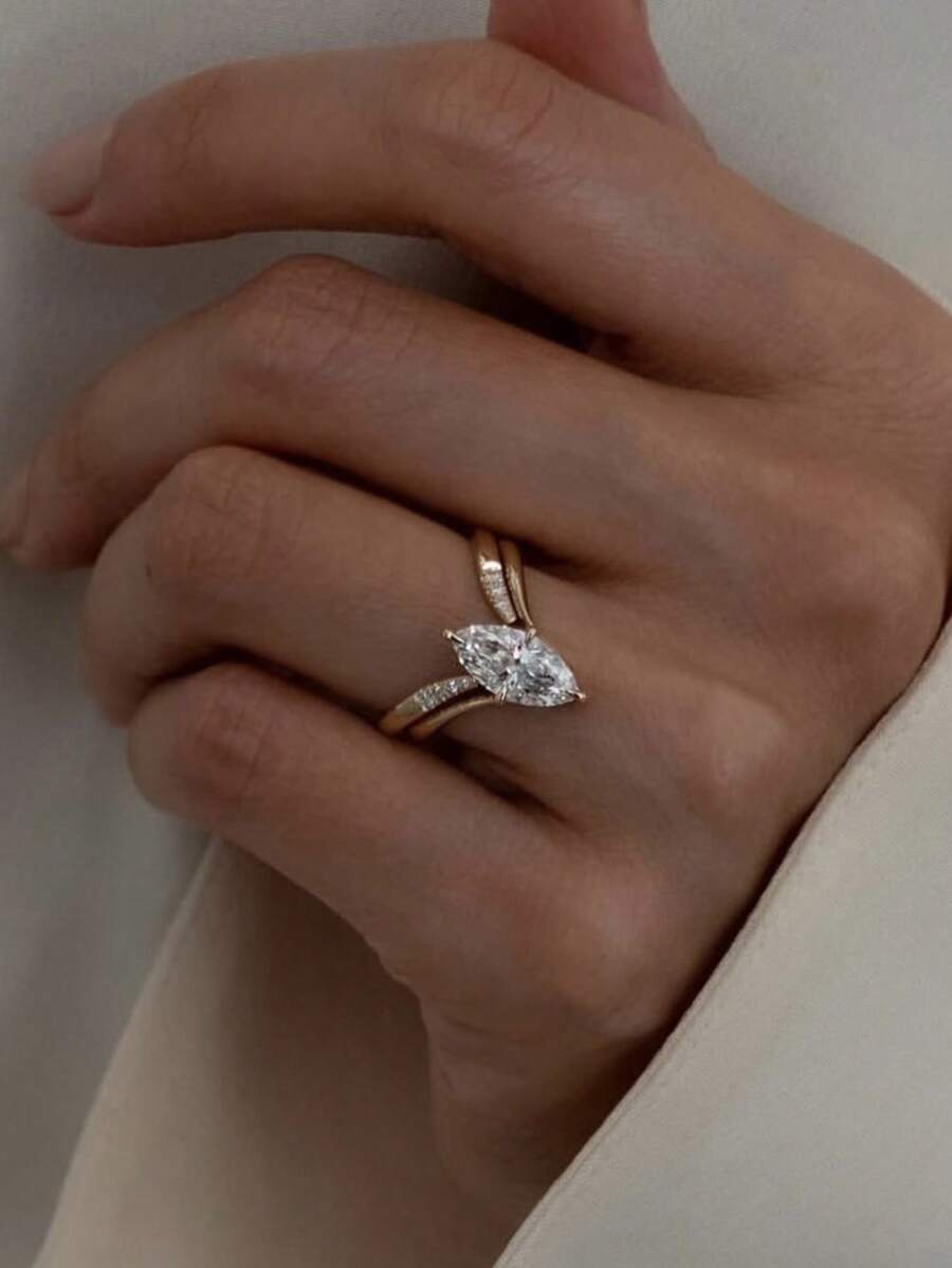 2pcs/Set Luxury S925 Silver Zirconia V-Shaped & Olive-Shaped Stackable Rings, Women Fashion Party, Wedding, Holiday, Daily Wear Gift