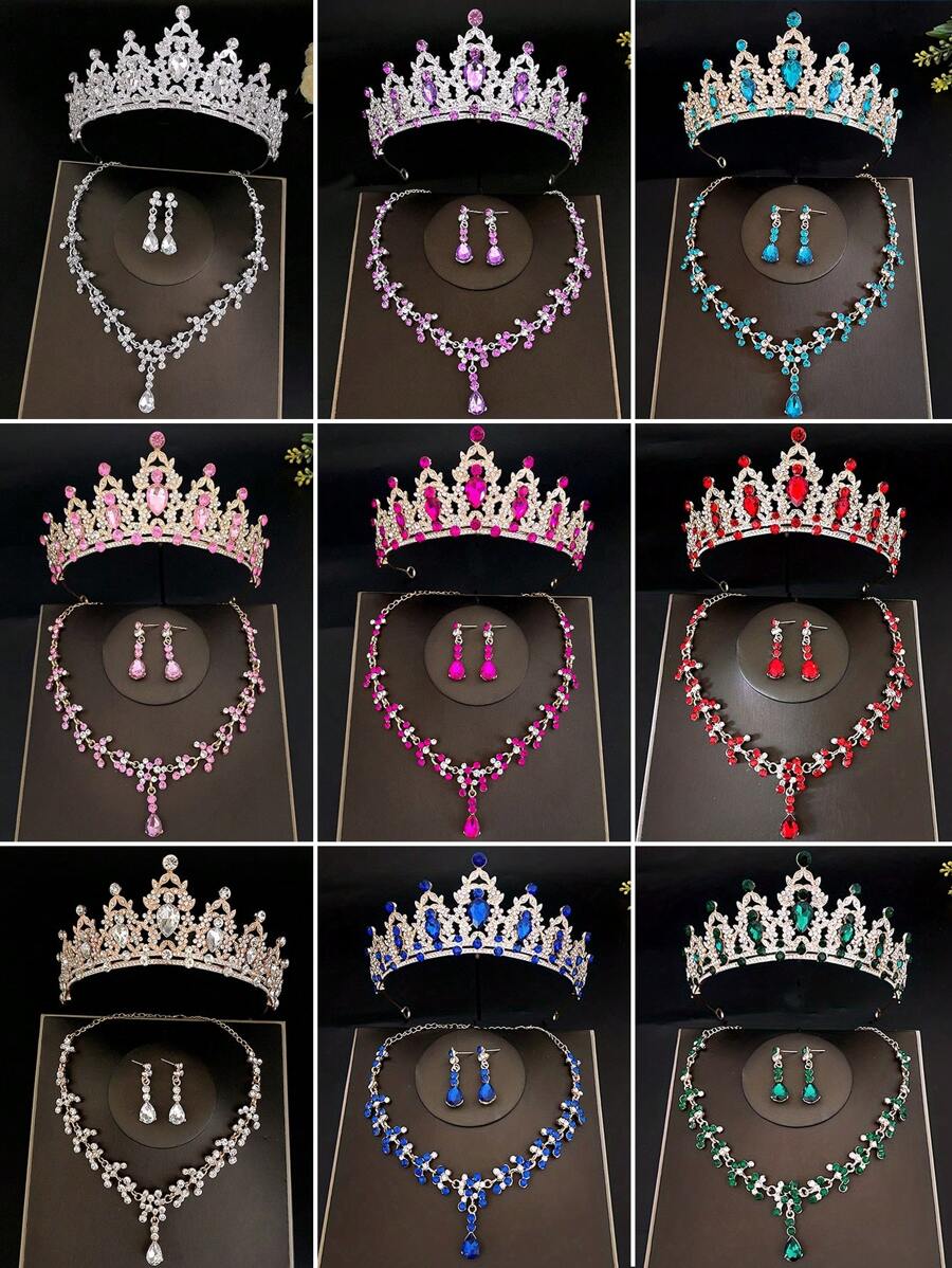 4Pcs Baroque Rhinestone Bridal Crown With Necklace Earrings Set, Fashionable Zinc Alloy Wedding Accessories, Luxurious Tiara Jewelry Set For Parties And Birthdays