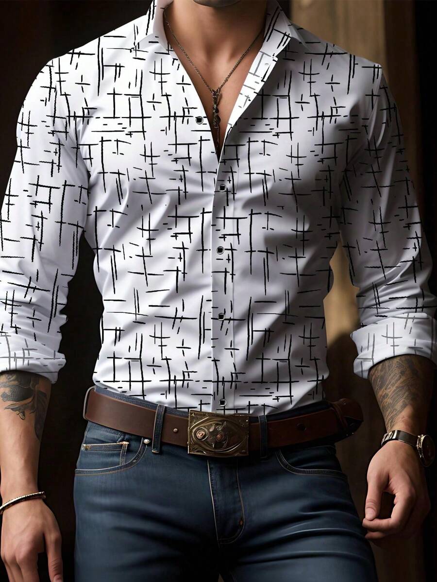 Camisa formal blanca con cuello vuelto y diseño de estampado creativo para hombres, camisa casual de manga larga y abotonada adecuada para ocasiones de negocios