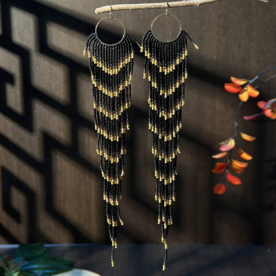 Long Beaded Tassel Earrings, Black Gold Seed Bead String Earrings, Bohemian Style Handmade Glass Bead Woven Women Jewelry Pendant, Suitable For Daily Wear And Holiday Gifts