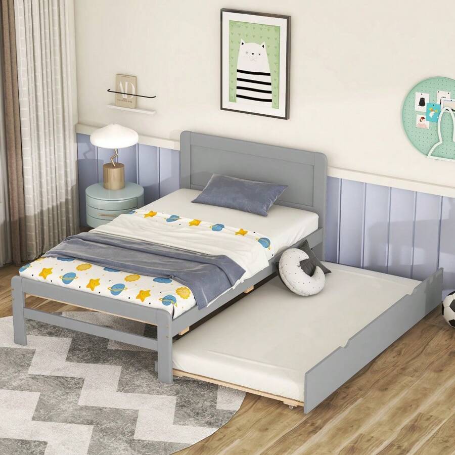 MISSUNNY Sleek Modern Design Twin Size Platform Bed Frame With Integrated Trundle For Enhanced Space Efficiency, Finished In Stylish Grey For A Contemporary, Sophisticated Look