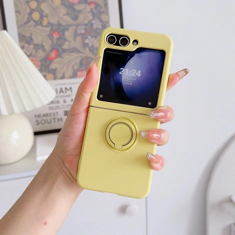 1 pieza Funda de silicona líquida de lujo con anillo de soporte desmontable, compatible con Samsung Z Flip 6/5/4/3 e iPhone 16