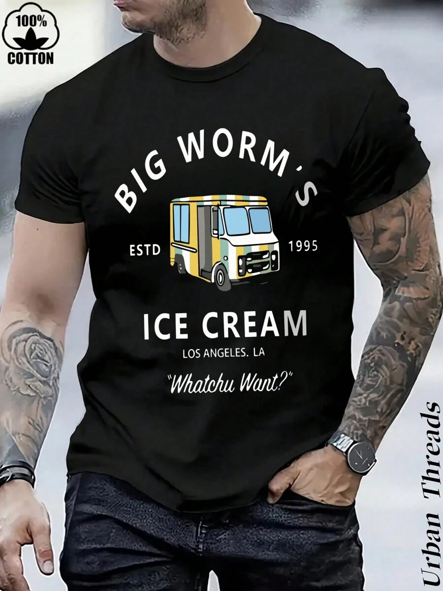 Camiseta Urban Threads para hombres de algodón puro con diseño retro del camión de helados "Whatchu Want? de Big Worm's Ice Cream", camiseta de Navidad de algodón pesado de 220g (1 pieza)