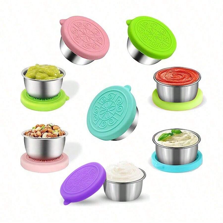 6pcs/1pc 304 Stainless Steel Condiment Dishes, 1.5oz Airtight Sauce Cups With Lids, Leak-Proof Salad Dip Dressing Bowls For Picnics, Kitchen, Christmas Gift,School Supplies